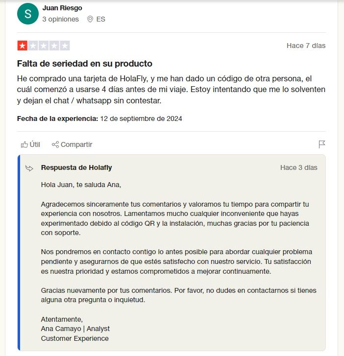 Opiniones tarjeta Holafly en Trustpilot