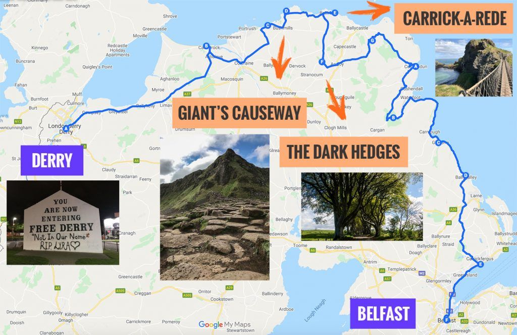 Recorrido y puntos de interés de la séptima etapa de nuestra ruta por Irlanda: Calzada del Gigante, puente Carrick-a-Rede y Belfast