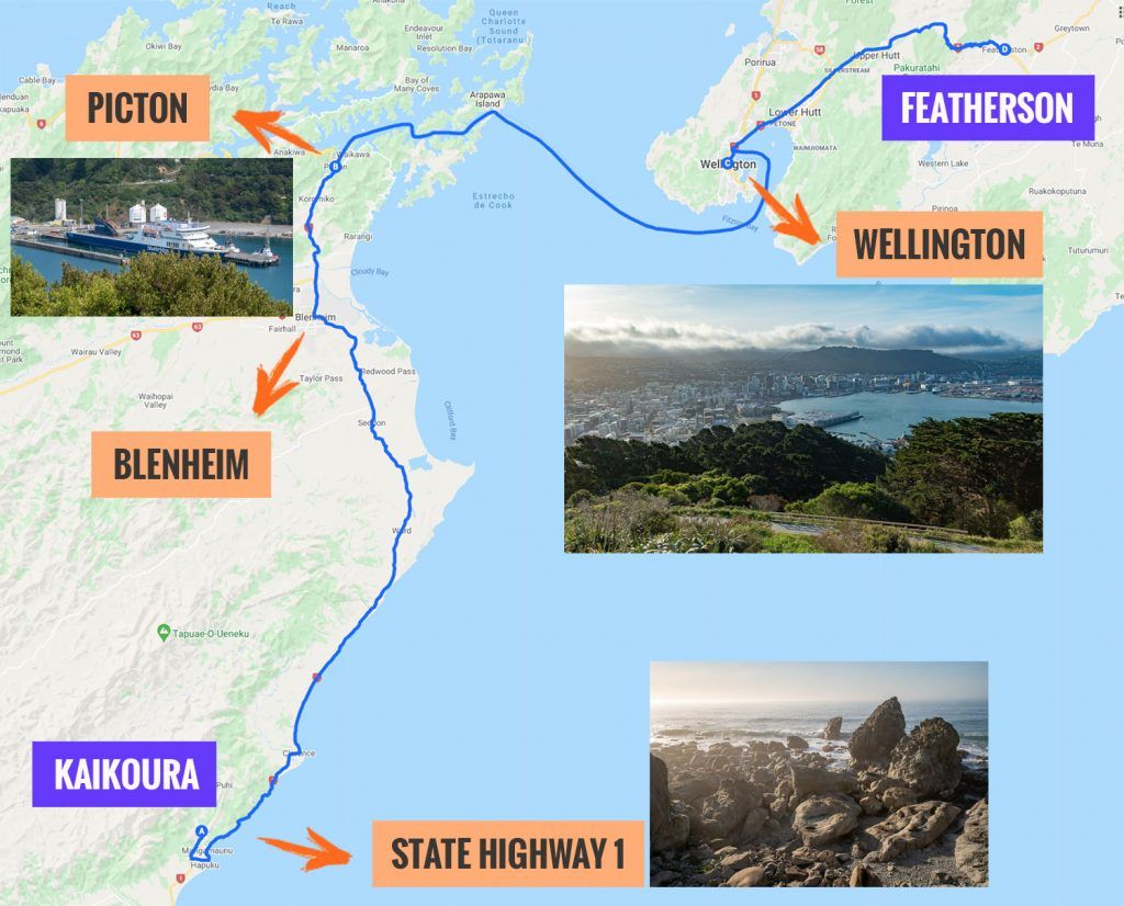 Recorrido y puntos de interés de la decimoquinta etapa de nuestra ruta por Nueva Zelanda: Kaikoura - Wellington