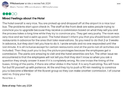 Reviews of the Xcaret Mexico Hotel: negative review on Tripadvisor