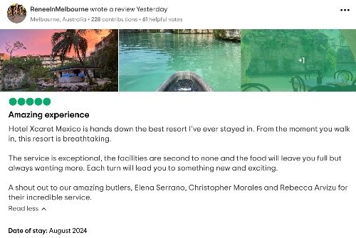 Positive review about Xcaret Mexico Hotel on Tripadvisor