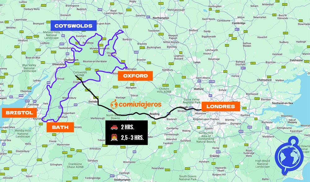 Mapa Cotswolds ¿Dónde están los Cotswolds? ¿Cómo llegar a los Cotswolds? 