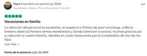 Captura de pantalla de comentario excelente en tripadvisor del Hotel Xcaret Mexico - Opiniones Xcaret México: opinión positiva en Tripadvisor