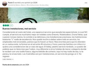 Captura de pantalla de comentario pésimo sobre el hotel Xcaret México - Opiniones Xcaret México: opinión negativa en Tripadvisor