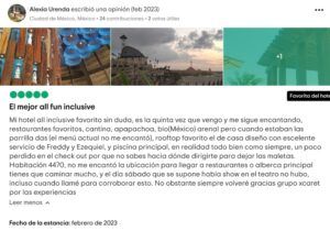 Captura de pantalla de comentario positivo en tripadvisor del hotel Xcaret Arte - Opiniones Xcaret Arte: Opinión positiva en Tripadvisor