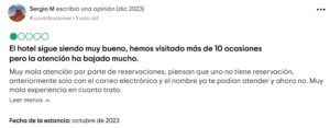 Captura de pantalla de una opinión negativa en tripadvisor del hotel Xcaret Arte -Opiniones Xcaret Arte: Opinión negativa en Tripadvisor