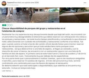 Captura de pantalla de un comentario negativo en tripadvisor sobre el hotel Xcaret Arte