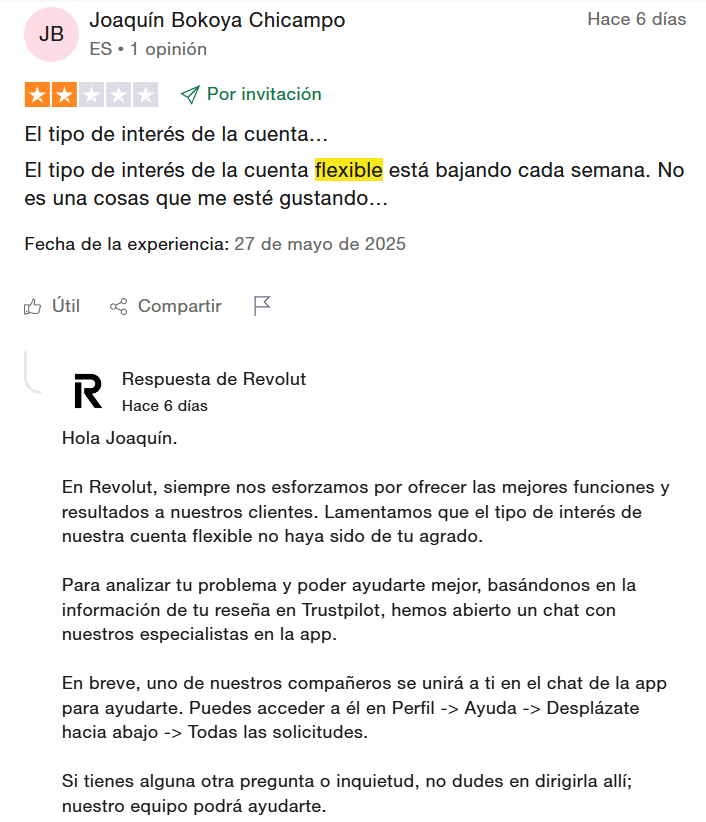 Cuenta flexible Revolut opiniones en Trustpilot 2025