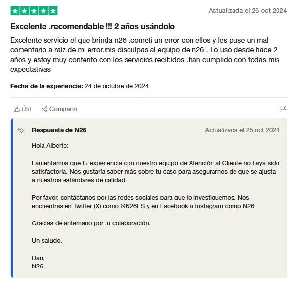 Tarjeta N26 opiniones negativas en Trustpilot