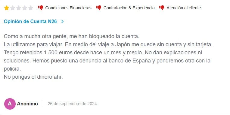 Cuenta N26 opiniones negativas en HelpMyCash