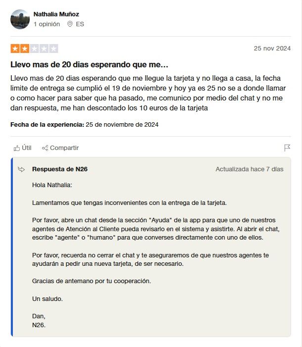 Tarjeta N26 opiniones negativas en Trustpilot