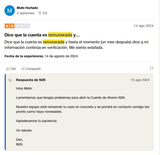 Cuenta de ahorro N26 opiniones en Trustpilot