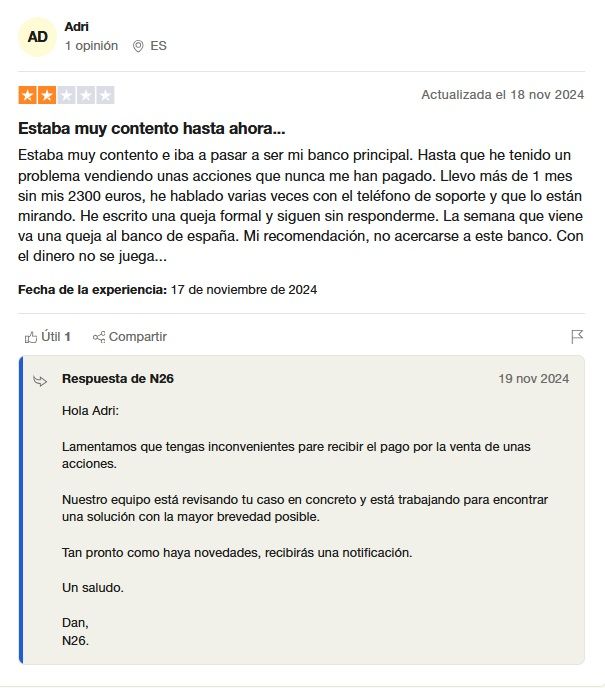 Tarjeta N26 opiniones negativas en Trustpilot