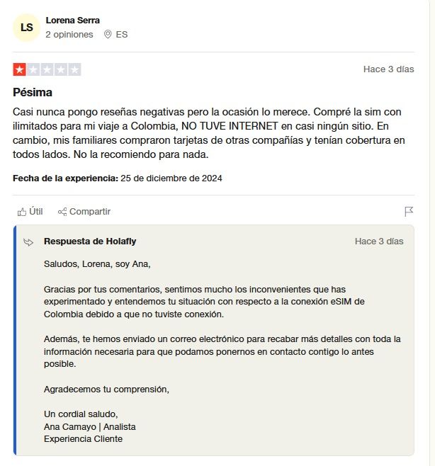 Holafly opiniones negativas en Trustpilot