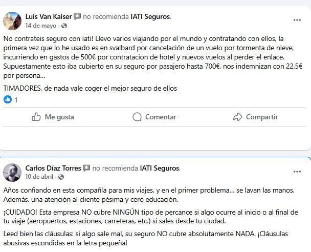 Opiniones IATI Seguros de viajes negativas en Facebook