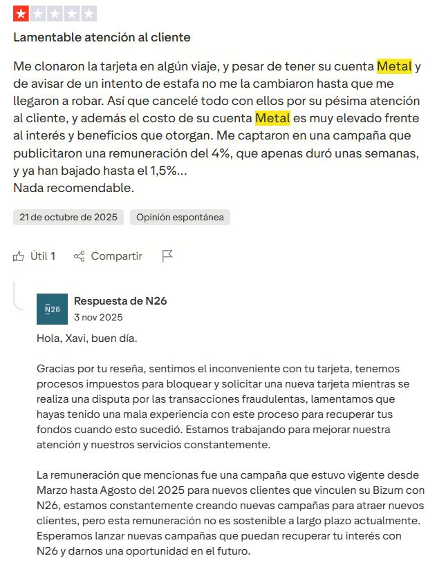 ▷ N26 opiniones en 2026: ¿Es la mejor tarjeta para viajar? Nuestra experiencia sincera 45 Cuenta N26 Metal opiniones en Trustpilot