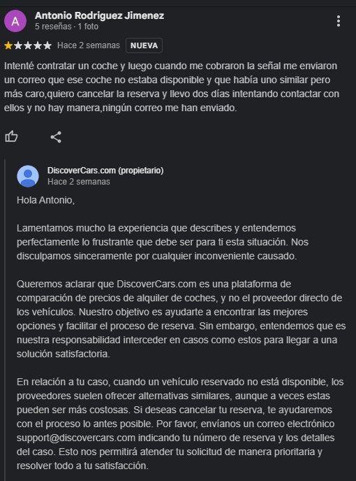 Opiniones negativas de Discover Cars en Google