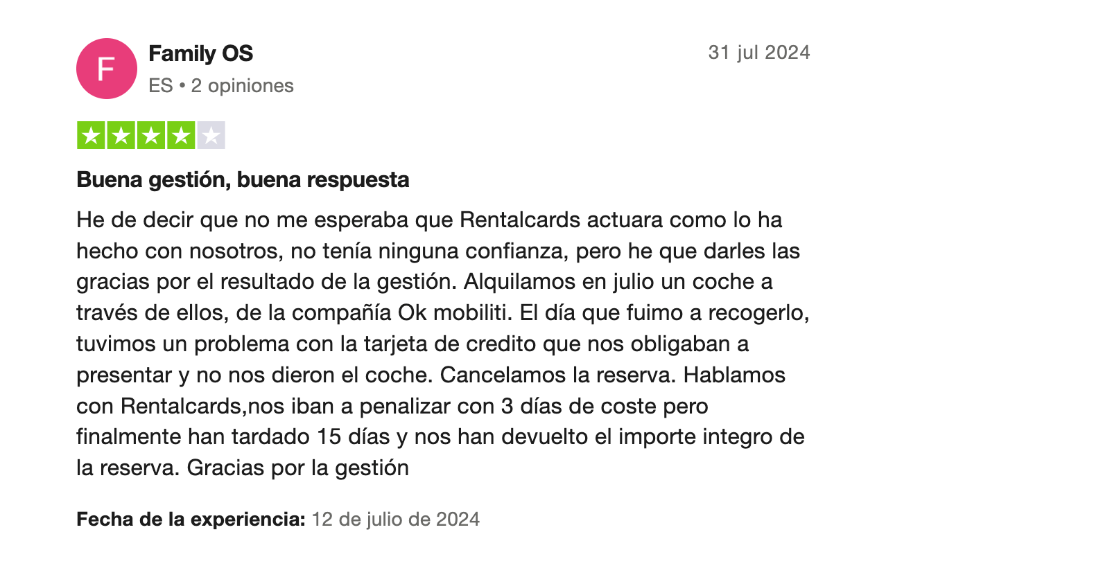 Rentalcars opiniones: opiniones positivas en Trustpilot