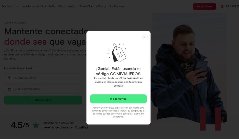 ▷ Descuento Holafly del 5%, 10% y hasta 32% ⚠️ Cómo conseguir tu eSIM más barata con nuestro código 1 Código descuento Holafly de Comiviajeros del 5%