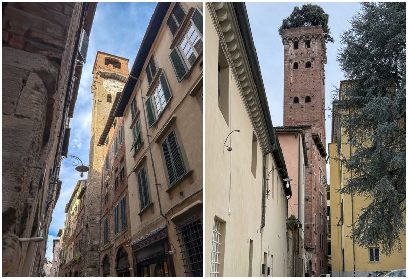 Qué ver en Lucca: Torre del Reloj (derecha) y Torre Guinigi (izquierda)
