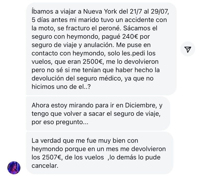 Comentarios sobre el seguro de viaje Heymondo de una seguidora