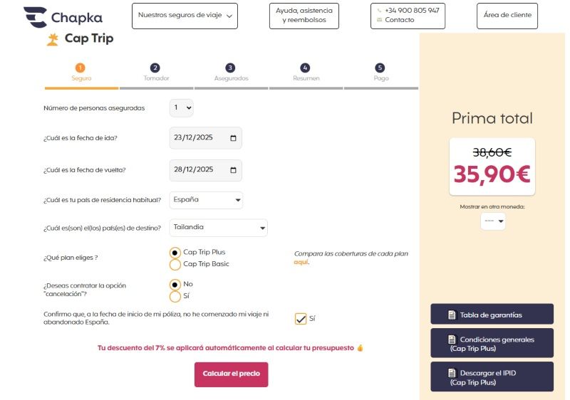 ▷ Descuento Chapka 2025 ⚠️ Cómo conseguir del 7% al 15% de ahorro en tu seguro de viaje (SIN código) 1 Cómo activar el descuento Chapka: simulación visual de que el descuento está aplicado