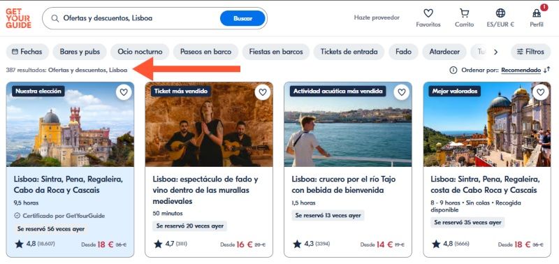 Trucos para ahorrar y tener descuento Get Your Guide: buscar 'ofertas y descuentos' por destino