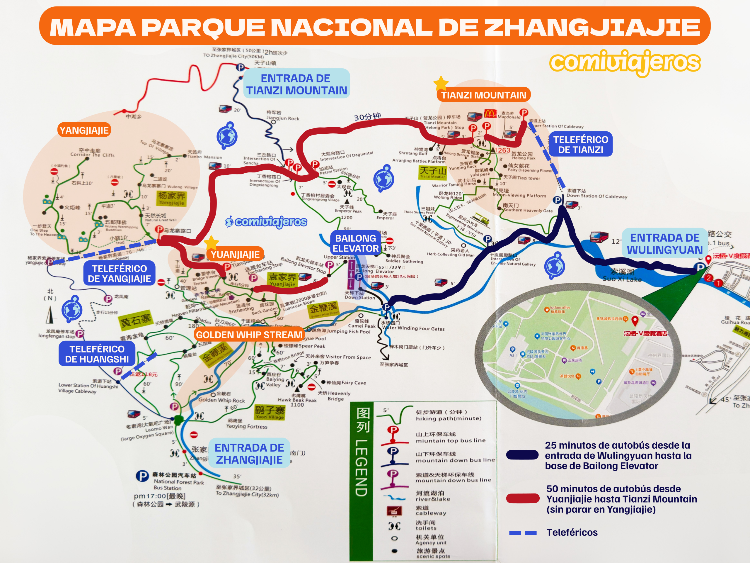▷ Guía para visitar el Parque Nacional de Zhangjiajie: cómo llegar a las montañas de Avatar en China, precio e info útil 9 Mapa Parque Nacional Zhangjiajie
