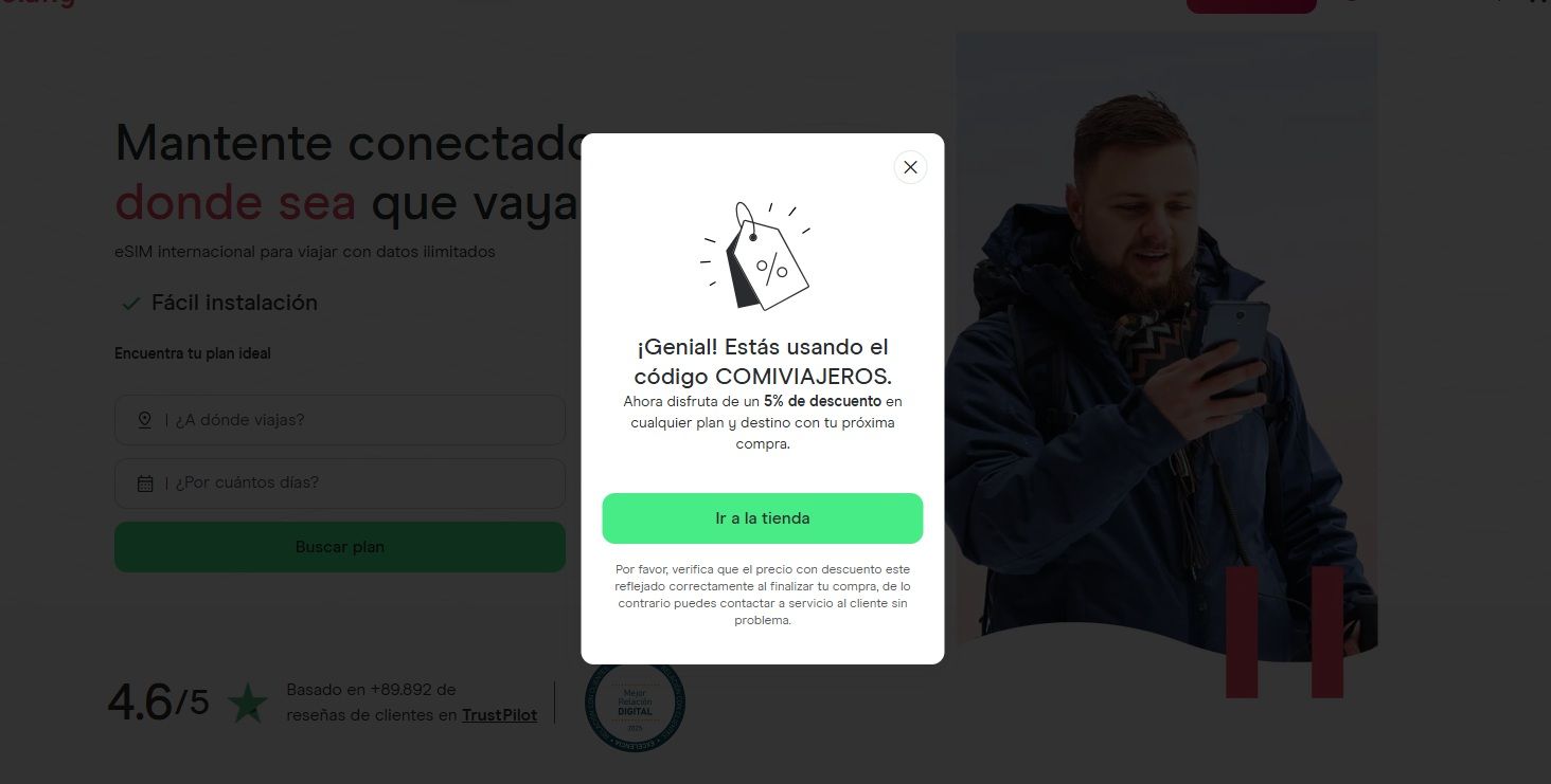 ▷ Descuento Holafly Junio 2026: código COMIVIAJEROS para ahorrar un 5% en tu eSIM y del 10% al 32% en Holafly Plans 1 Mensaje que aparece en la web con el código descuento Holafly de Comiviajeros del 5%