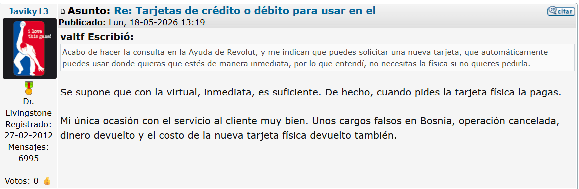 ▷ Revolut opiniones en 2026 ⚠️ ¿Es la mejor tarjeta para viajar? 19 Tarjeta Revolut opiniones en el foro 'Los Viajeros'