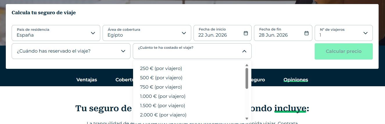 ▷ Seguro de cancelación de viaje por guerra: qué cubre, qué no y cuál elegir 9 Seguro de cancelación de viaje por guerra: pestaña de Heymondo para seleccionar el coste del viaje